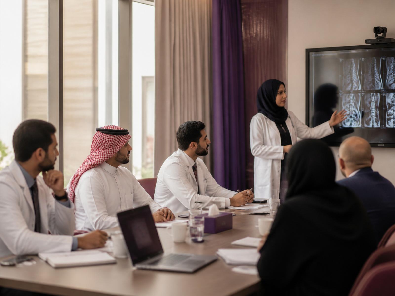 Saudi physicians collaborating during a scientific meeting