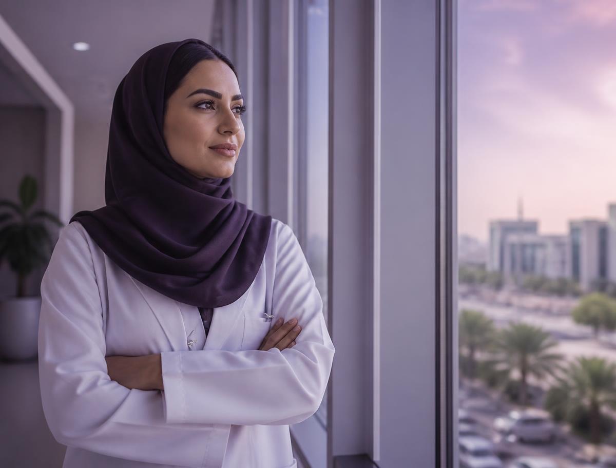 Saudi female physician looking out over the city from a hospital window
