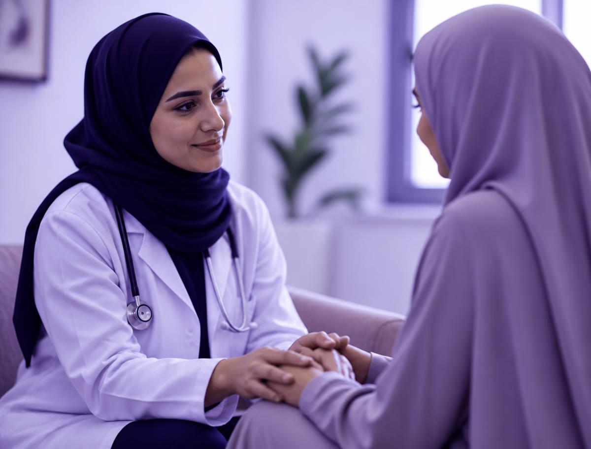 Saudi doctor holding the hands of a woman patient during a supportive consultation