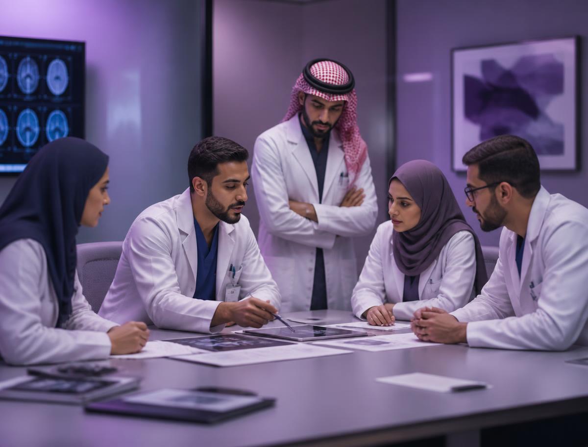 Multidisciplinary team of Saudi doctors planning together in a hospital meeting room